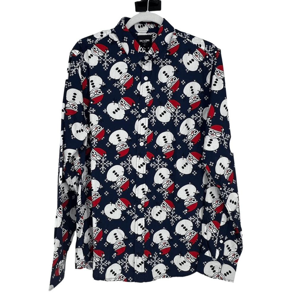 Christmas Snowman Men’s Button Down Shirt Cotton Slim Fit Size M Blue Holidays